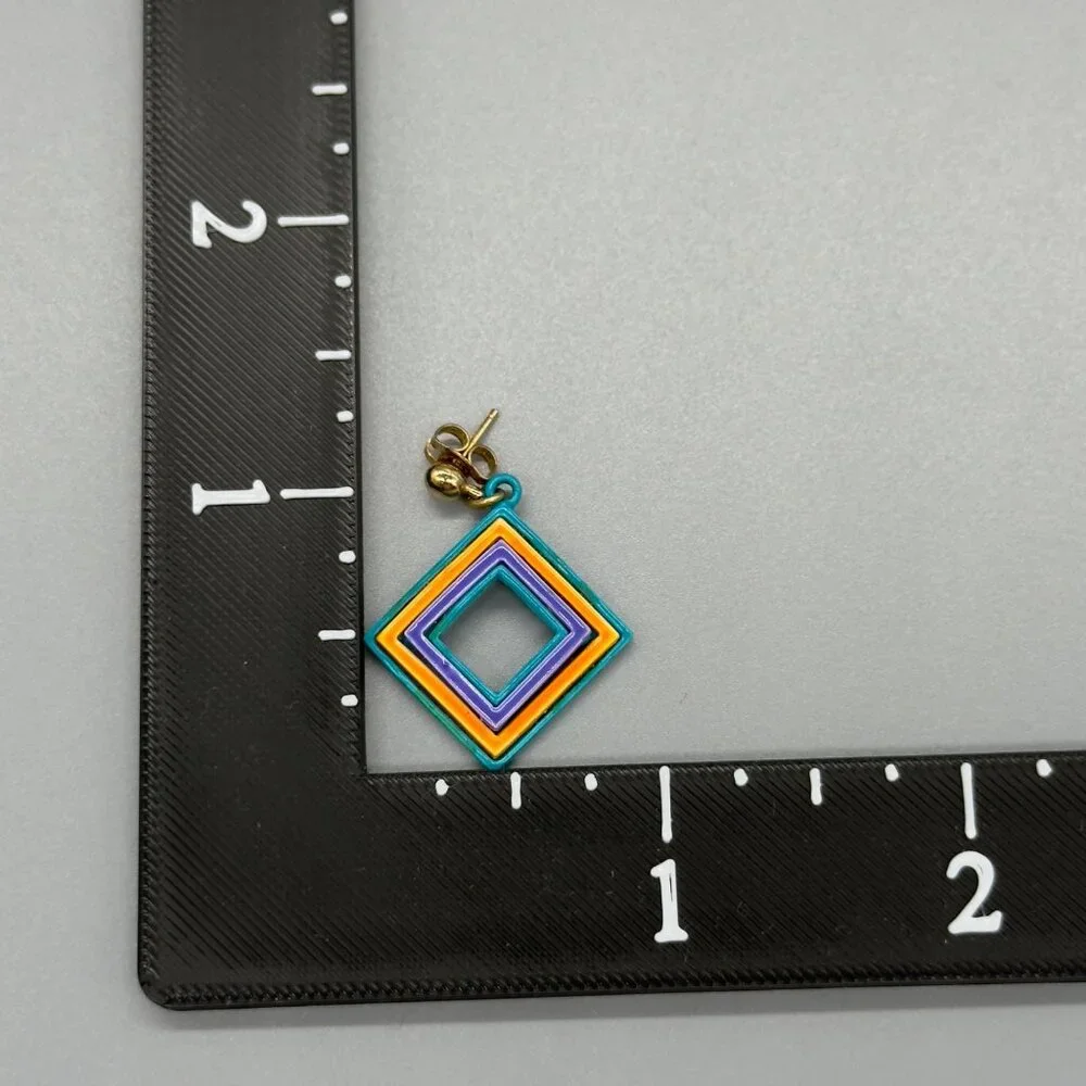 Vintage Bright Multicolor Retro Geometric Enamel Block Square Earrings 80's - Picture 10 of 10